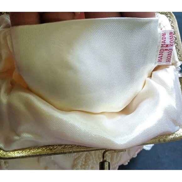Vintage Beaded Purse Handbag Satin Beige Gold Chain Handmade Glam 1950s Style - Picture 11 of 13
